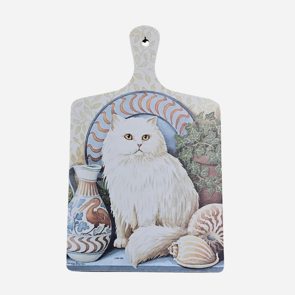 vintage cottagecore kitschy white persian cat hanging cutting board